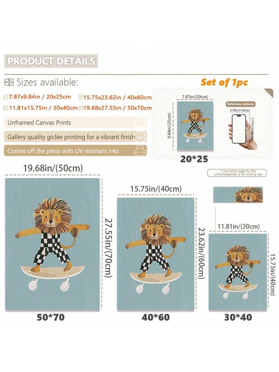 This modern canvas wall art features a cartoon skateboard lion, adding a fun and unique touch to any room. The waterproof material makes it suitable for both home and office décor. Enhance your space with this stylish and durable piece.
