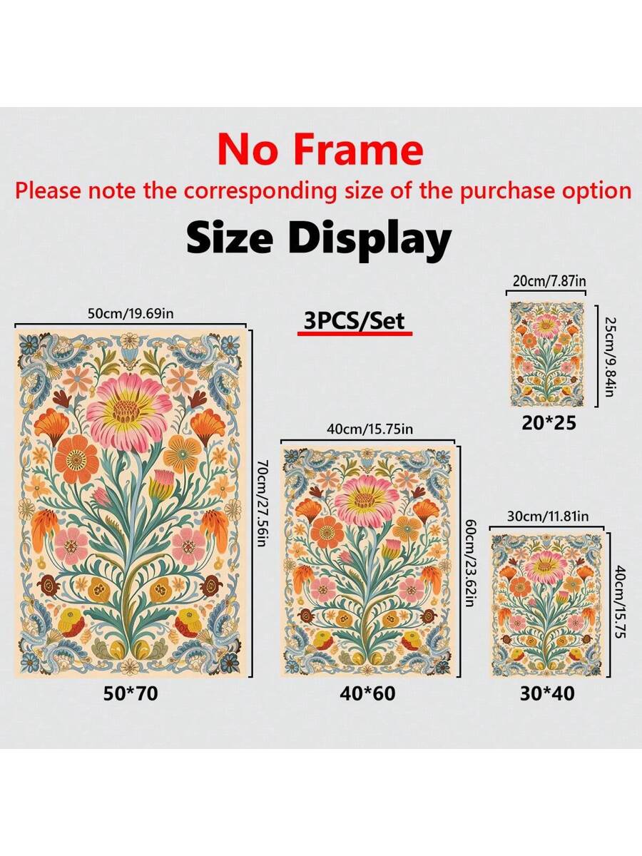 Three ornate folk floral canvas prints displayed on white shelf above white sofa with colorful botanical patterns