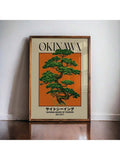 Okinawa retro travel canvas poster with pine silhouette in a minimalist room