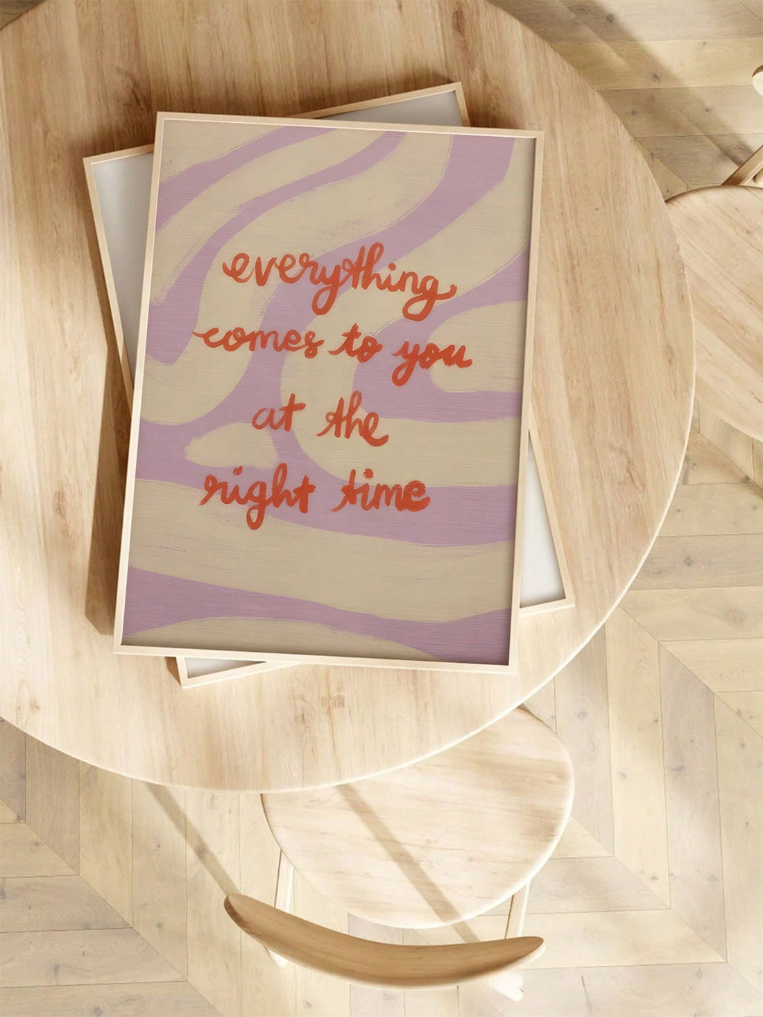 Transform your space into a personal sanctuary of inspiration with this vibrant motivational poster. Featuring the empowering message "Everything At The Right Time," this wall art serves as a daily reminder that patience and trust in the process yield meaningful results.