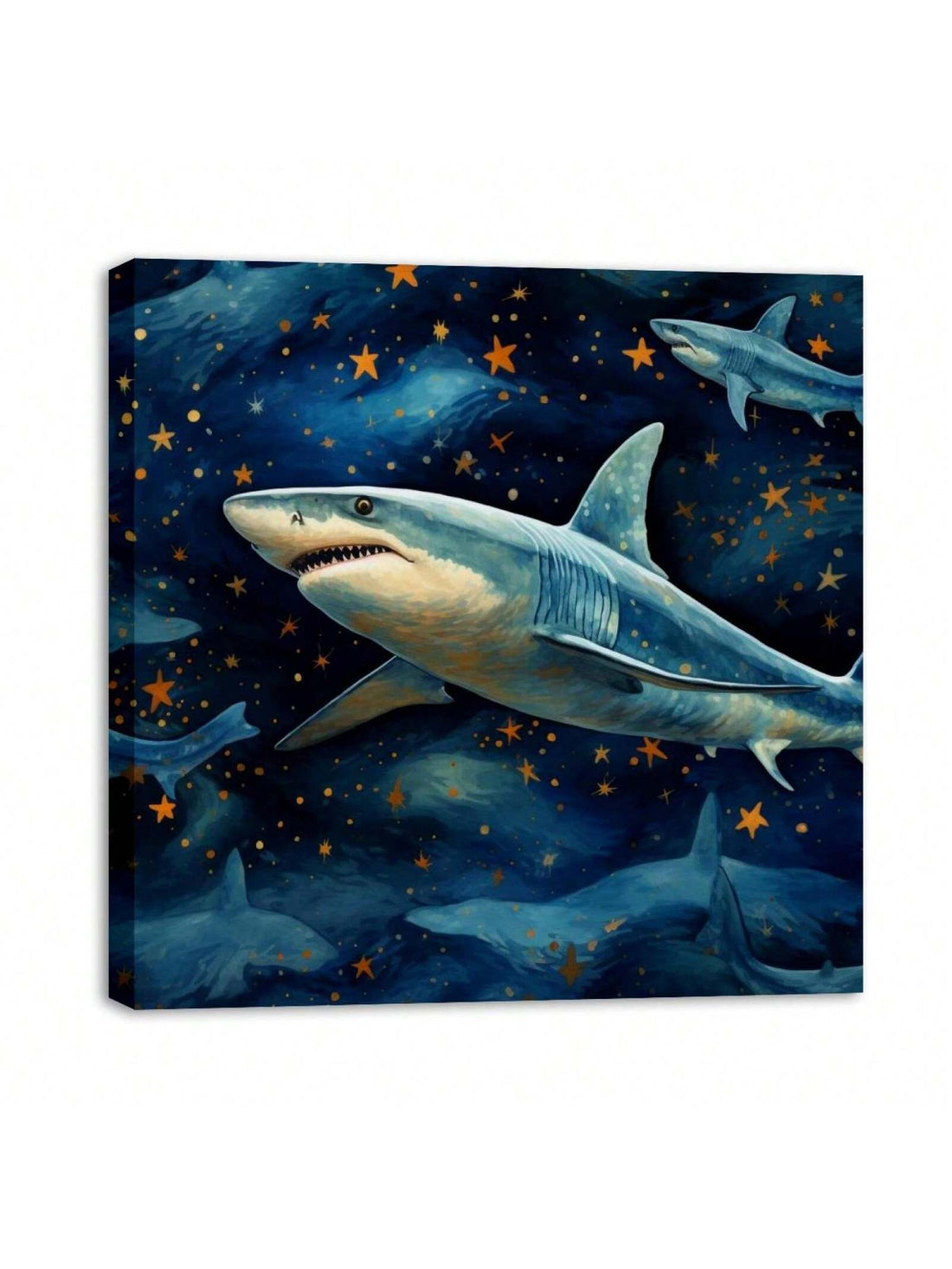 This stunning framed canvas wall art features a captivating shark pattern against a stunning starry sky background. Perfect for adding a touch of marine life to any living room or office space. Crafted with high quality materials, this piece will be a unique and captivating addition to any decor.