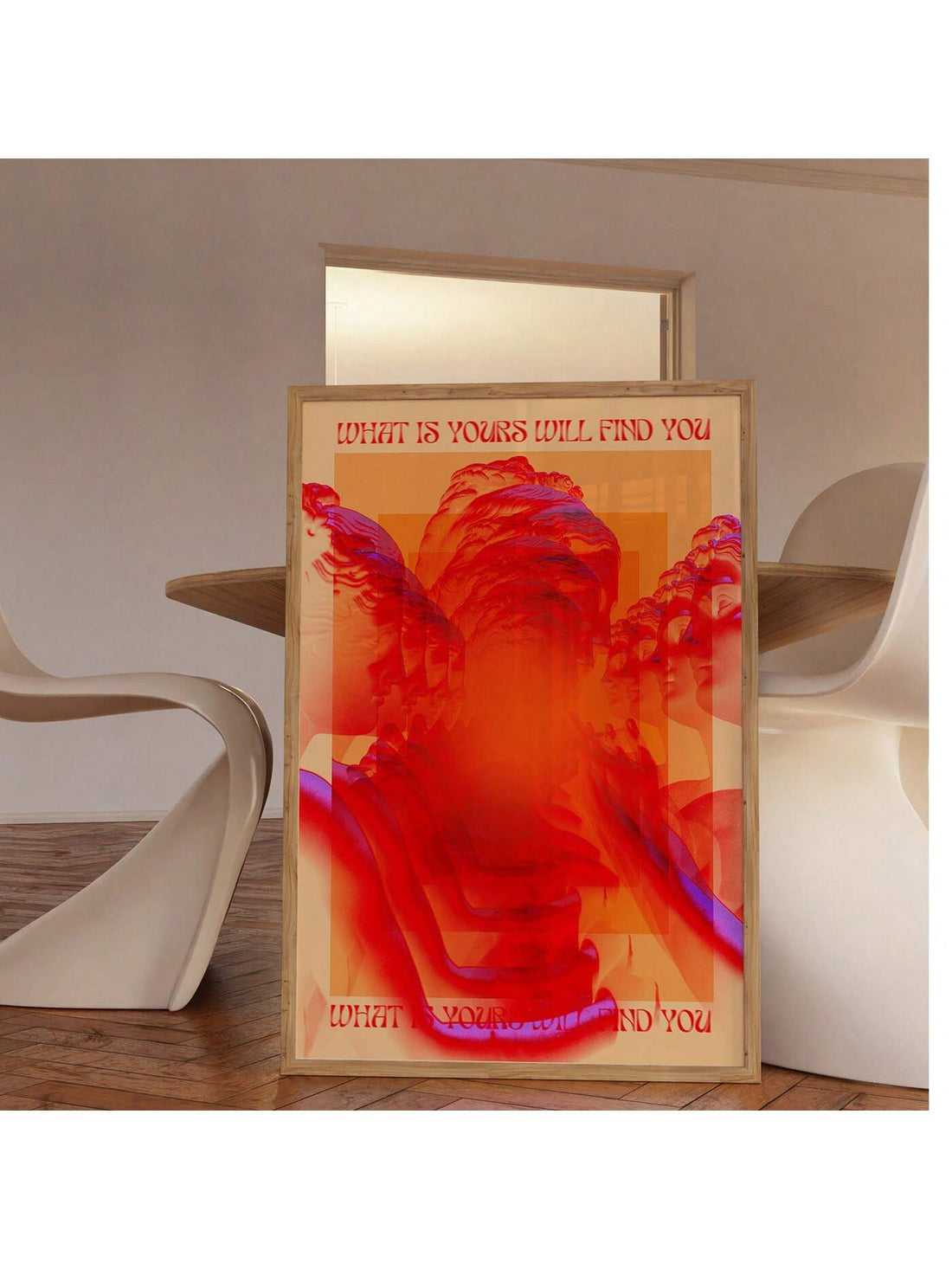 This retro 70s-inspired abstract canvas art features bold red and purple hues that energize any space. Designed with carefully integrated inspirational quotes, it adds both visual interest and motivational flair to your home decor. Perfect for those seeking a funky, vintage vibe, this piece combines artistic expression with uplifting messages to create a unique focal point in your living area.