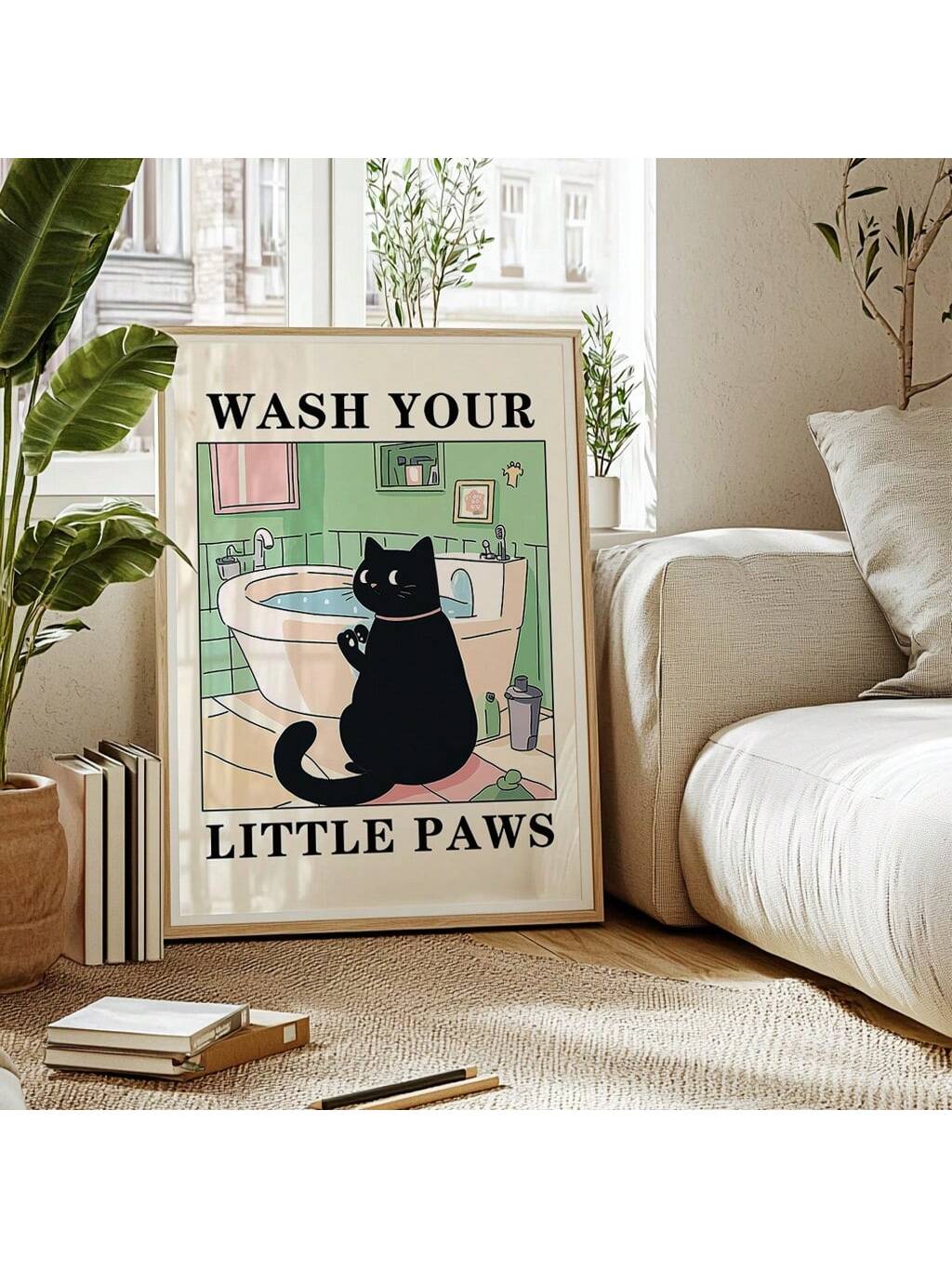 This expertly designed bathroom poster features an adorable green cat graphic with a gentle "Wash Your Paws" reminder, perfect for children's washrooms. The kawaii-inspired artwork combines playful aesthetics with practical hygiene education, encouraging proper handwashing habits through charming visuals that complement any bathroom decor. Printed on quality material for durability in humid environments.