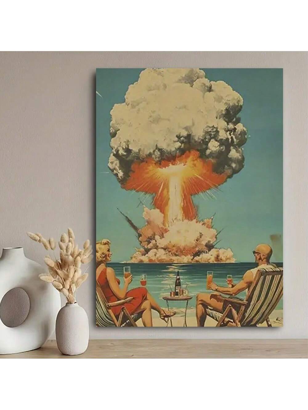 Enhance your home decor with this unique framed canvas poster featuring a vintage atomic bomb mushroom cloud in a surreal beach scene. Add a touch of history and intrigue to your space while bringing in a sense of creativity and individuality. A perfect addition for any art lover or history enthusiast.