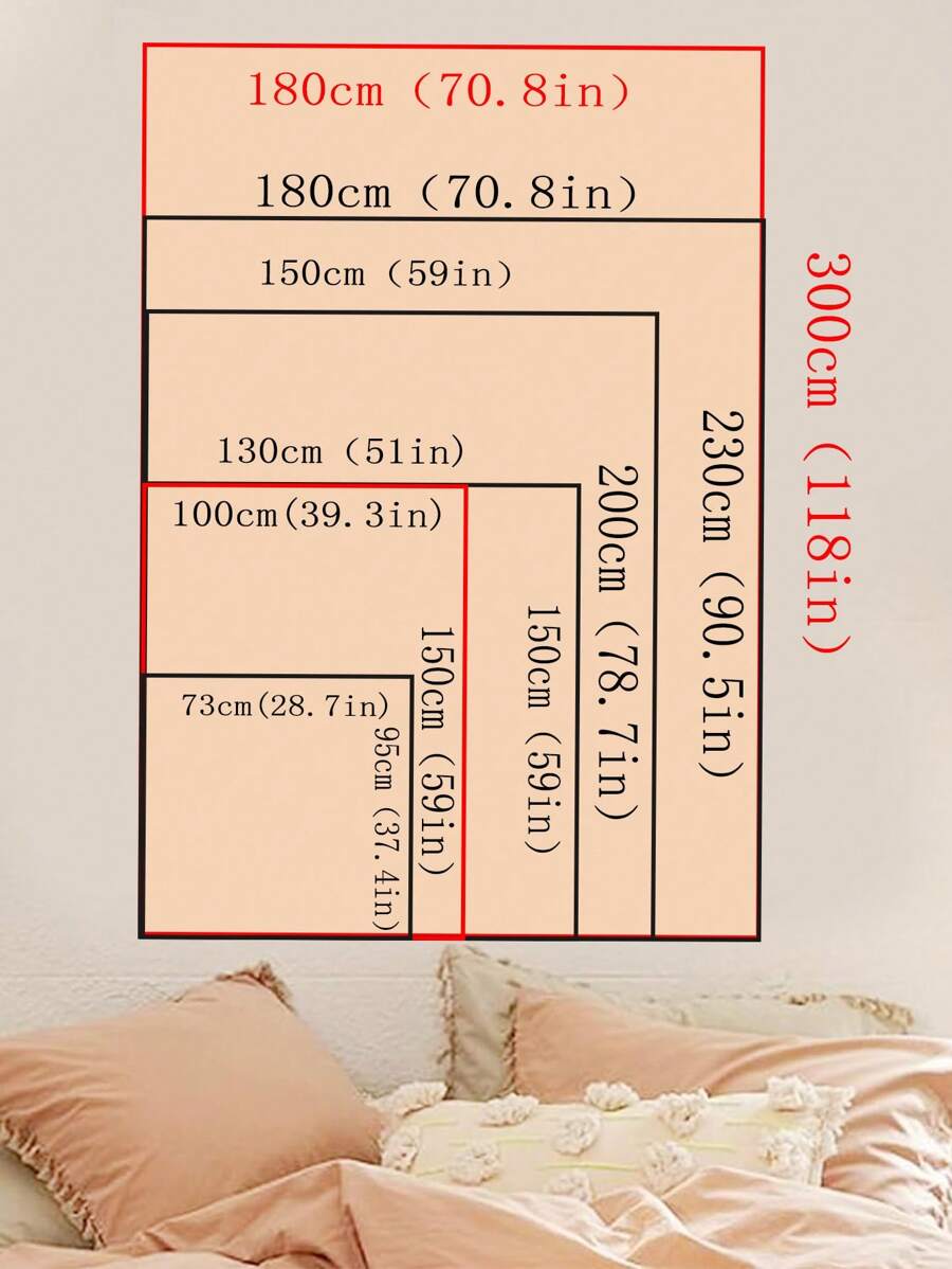 Size chart showing multiple tapestry dimensions in cm and inches