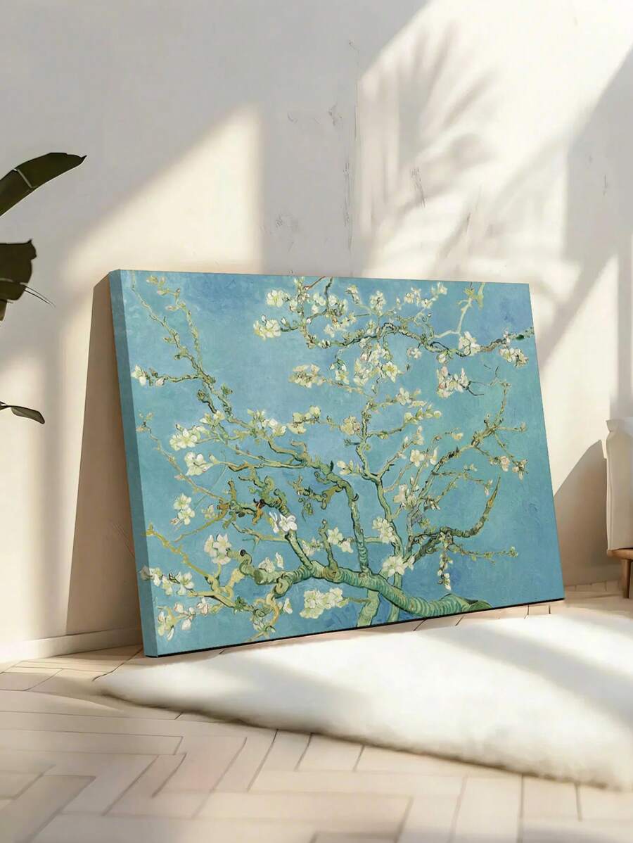 Almond blossom framed print with white mat and warm wood frame above console