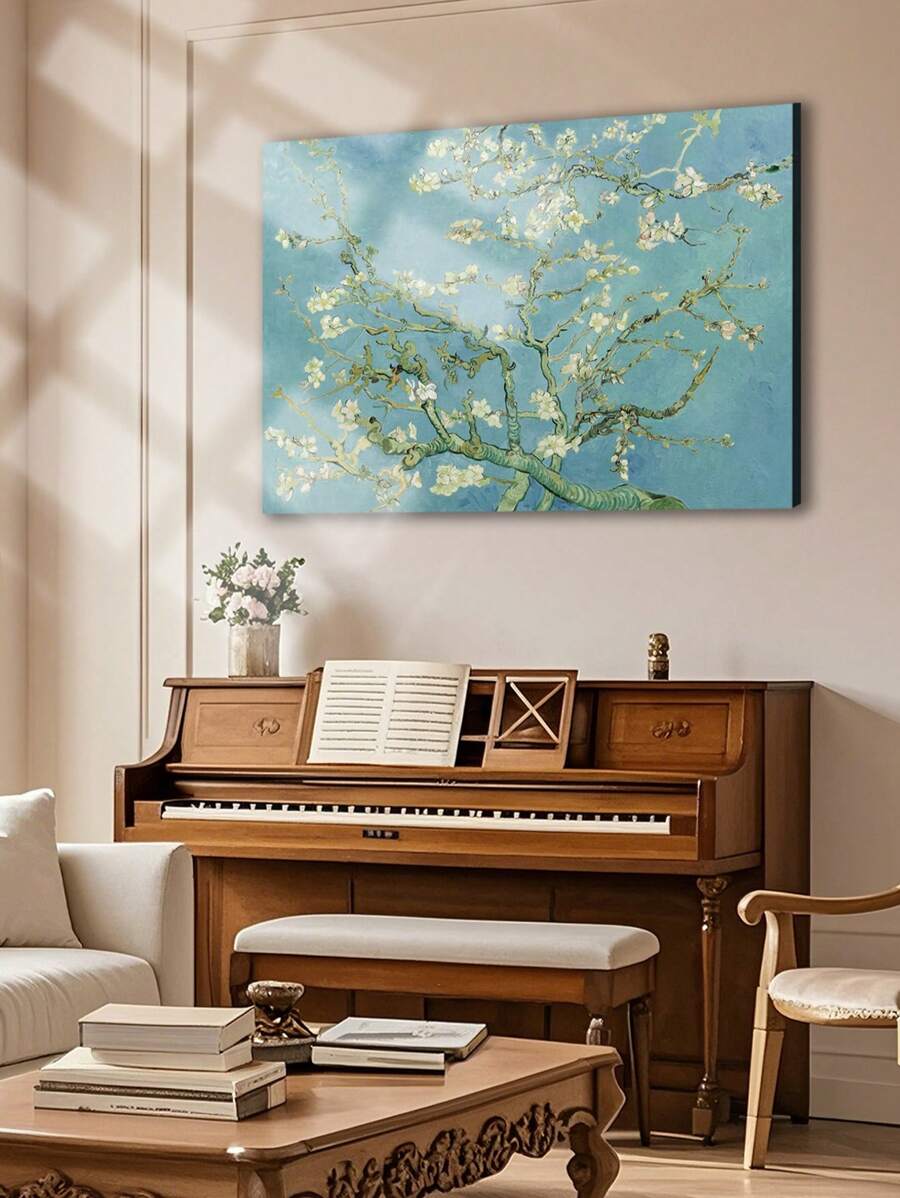 Cream floral bird canvas detail with branches blossoms birds butterflies and warm vintage palette