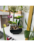 Lotus waterfall fountain on shelf among books and plants with pebbles in black basin.