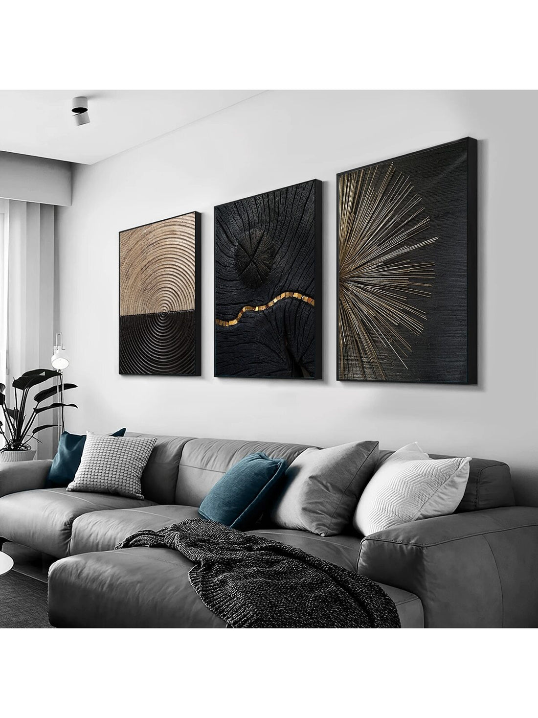 Elevate your interior with this sophisticated 3-piece wall art collection, designed to complement contemporary Scandinavian aesthetics. Each unframed canvas features striking black and gold textures that create visual depth and modern elegance without overwhelming your space. The minimalist presentation allows these pieces to integrate seamlessly into any room—whether displayed as a cohesive triptych or arranged individually for flexible styling. Perfect for those seeking gallery-quality art that balances b