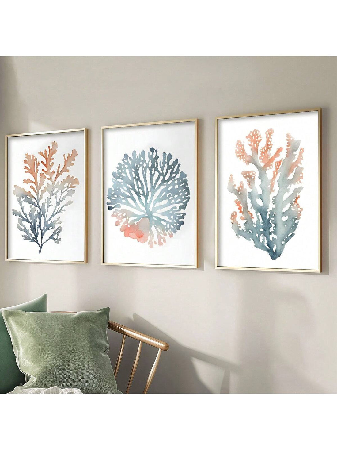 This 3-piece canvas set offers a modern and minimalistic take on marine animal wall art. Each piece is framed and features abstract coral designs, perfect for adding a unique touch to your home or office decor. Elevate any space with this sophisticated and stylish set.