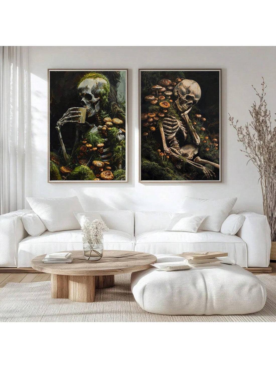 Elevate your dark cottagecore aesthetic with this Vintage Skeleton Art Posters Set, featuring intricate gothic mushroom and skull designs. These canvas prints blend vintage charm with macabre elegance, perfect for adding a mysterious, artistic touch to your home decor. Crafted to inspire and captivate, they bring a unique fusion of nature and mortality that complements any dark-themed interior.