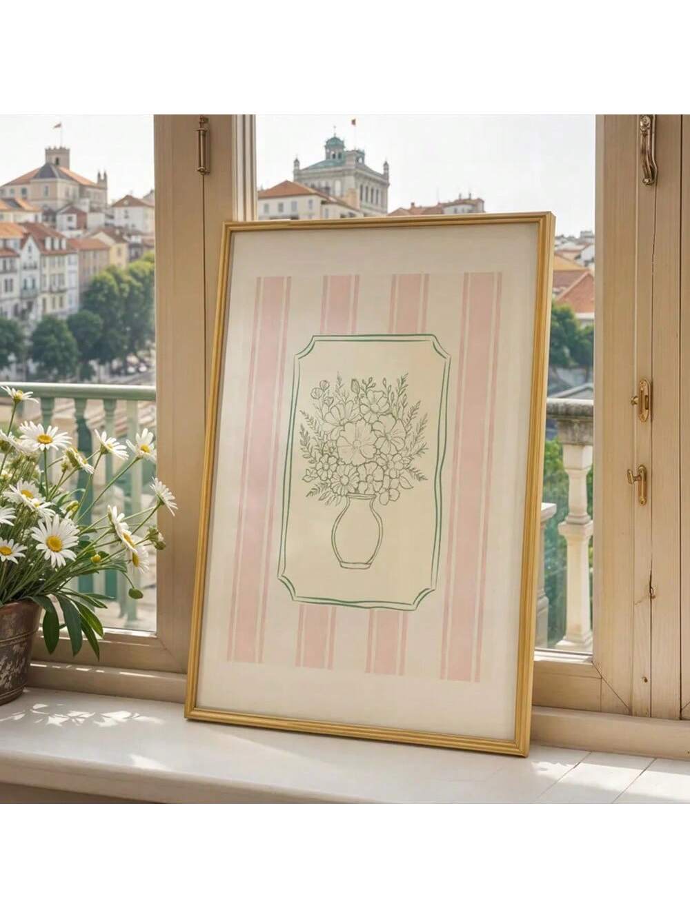 Elevate your interior with this sophisticated canvas print featuring a delicate pink floral vase rendered in minimalist botanical style. 