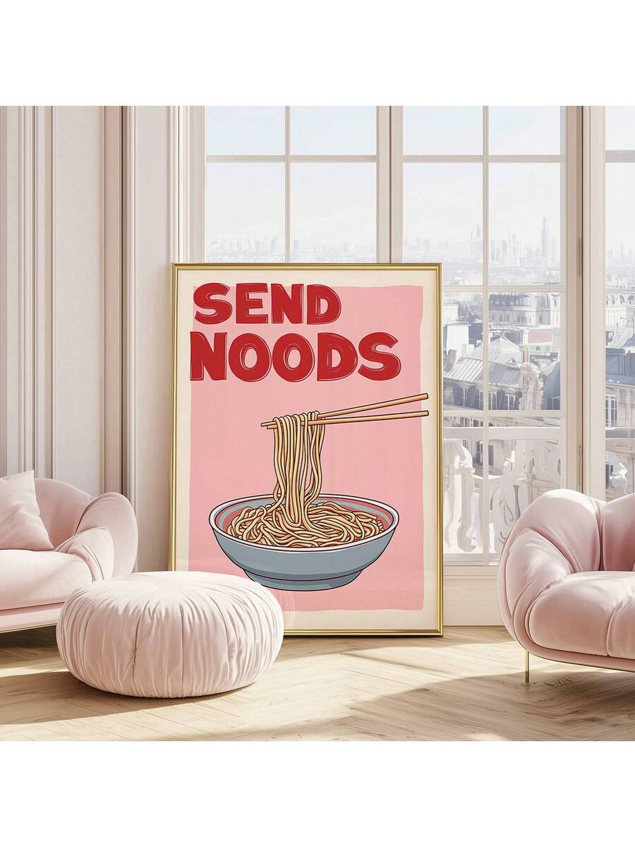 Bring playful charm to your kitchen with this delightful noodle-patterned wall art. Featuring witty culinary quotes on a soft pink canvas, this frameless piece adds personality and humor to any cooking space. Perfect for dining rooms, kitchens, or living areas, it's crafted from durable 100% polyester canvas that resists fading. The modern frameless design complements contemporary and eclectic décor styles. Whether you're a food enthusiast or simply love lighthearted kitchen humor, this unique artwork trans