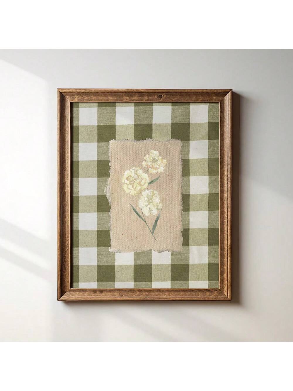 This unframed canvas print features a delicate green gingham pattern intertwined with vintage botanical floral illustrations, offering a refined blend of classic charm and modern aesthetics. Ideal for enhancing contemporary interiors, it brings a subtle touch of nature and timeless elegance to any room. Its versatile design complements various decor styles, making it a sophisticated choice for those seeking understated yet impactful wall art.