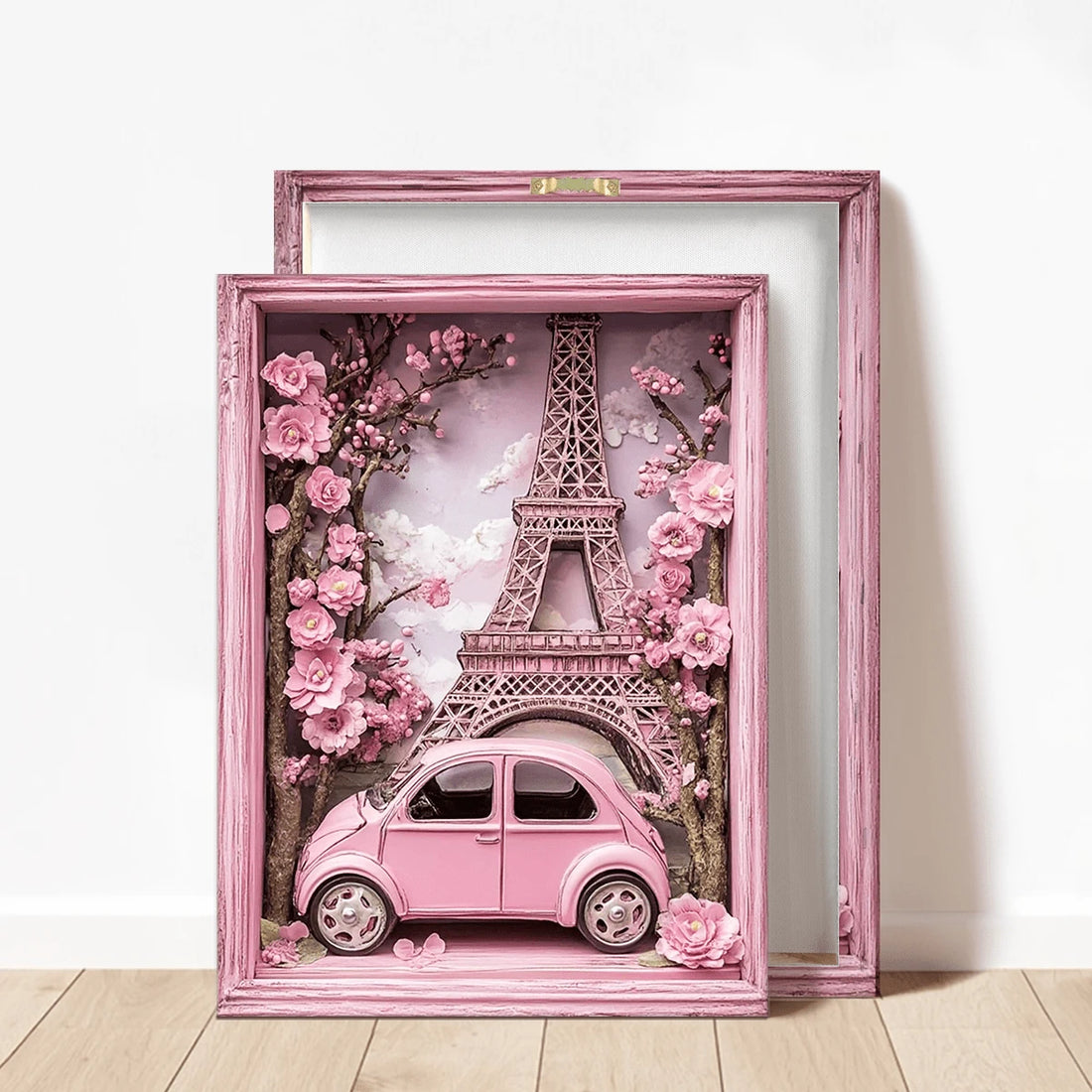 Eiffel Tower canvas print with pink floral car scene