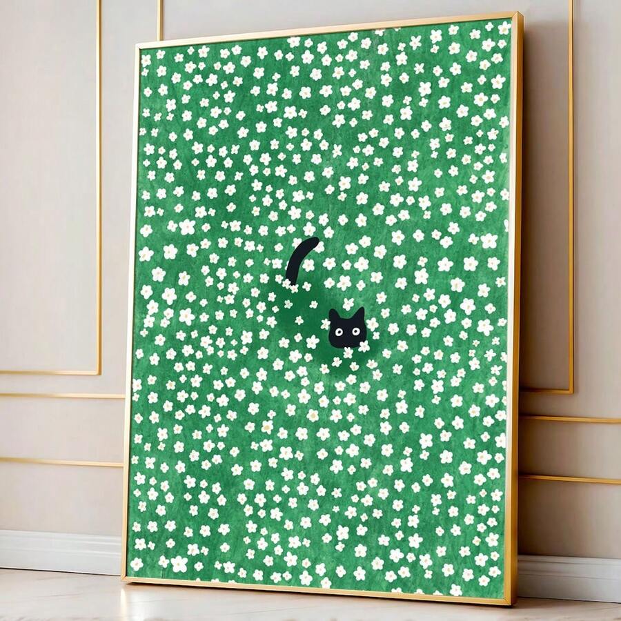 Green white-flower cat wall art in gold frame leaning against paneled wall