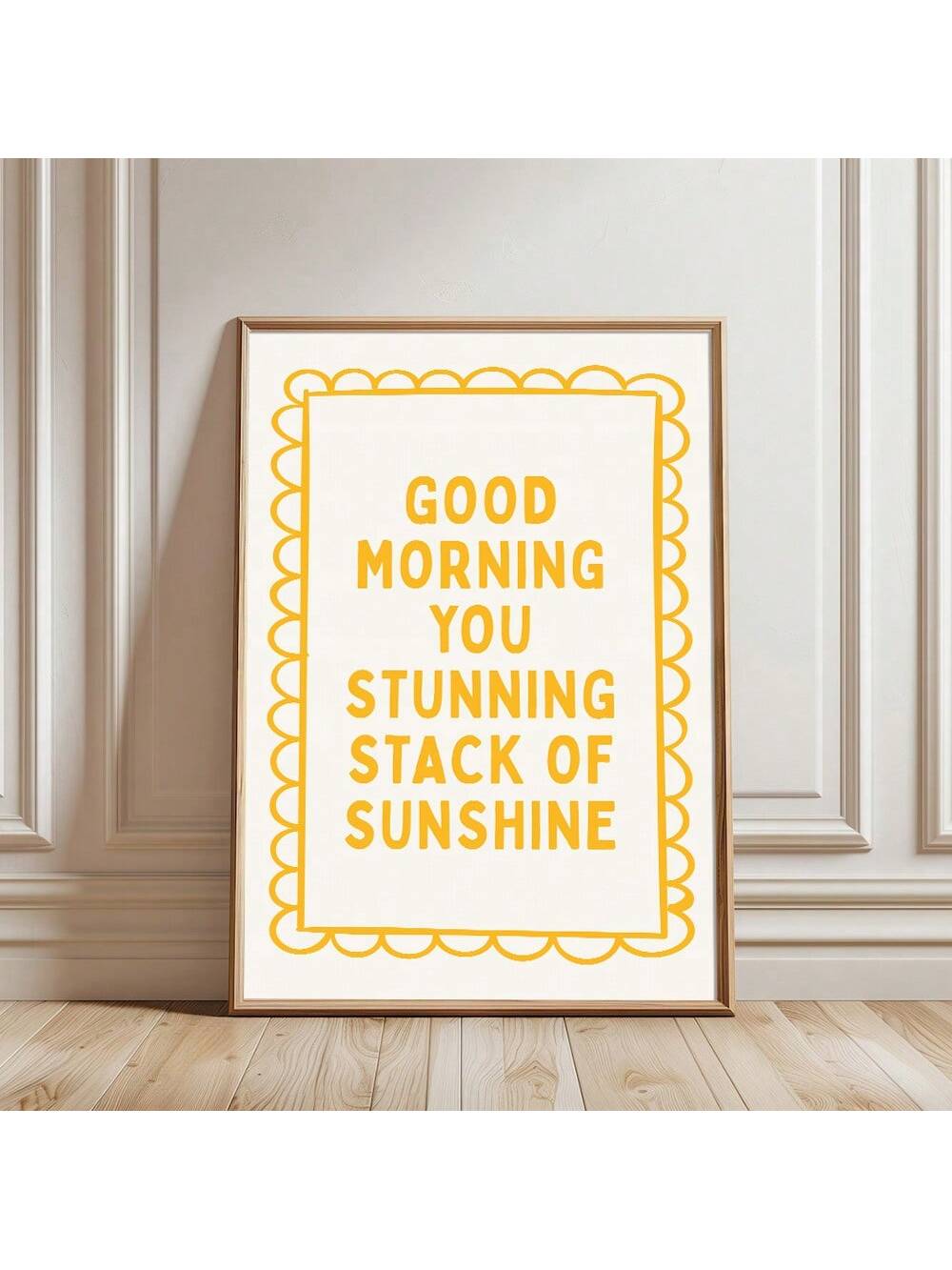 Wake up to inspiration with this minimalist canvas print featuring an uplifting "Good Morning" sunshine design.