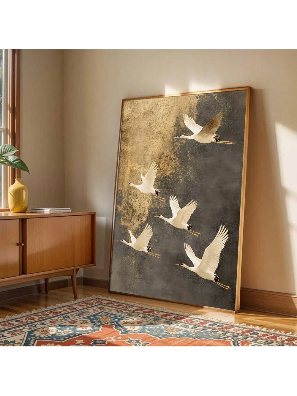 Transform your space with this stunning Japandi wall art featuring gracefully flying cranes rendered in vintage-inspired canvas. The piece seamlessly blends Japanese minimalism with Scandinavian warmth, creating a sophisticated focal point that elevates any room.