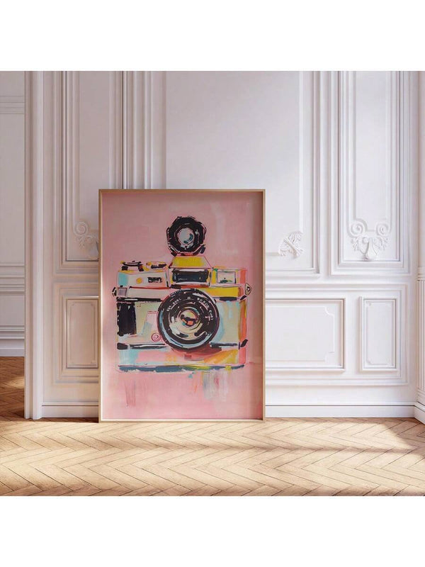 Vintage pink camera Y2K canvas print for girly bedroom and office decor