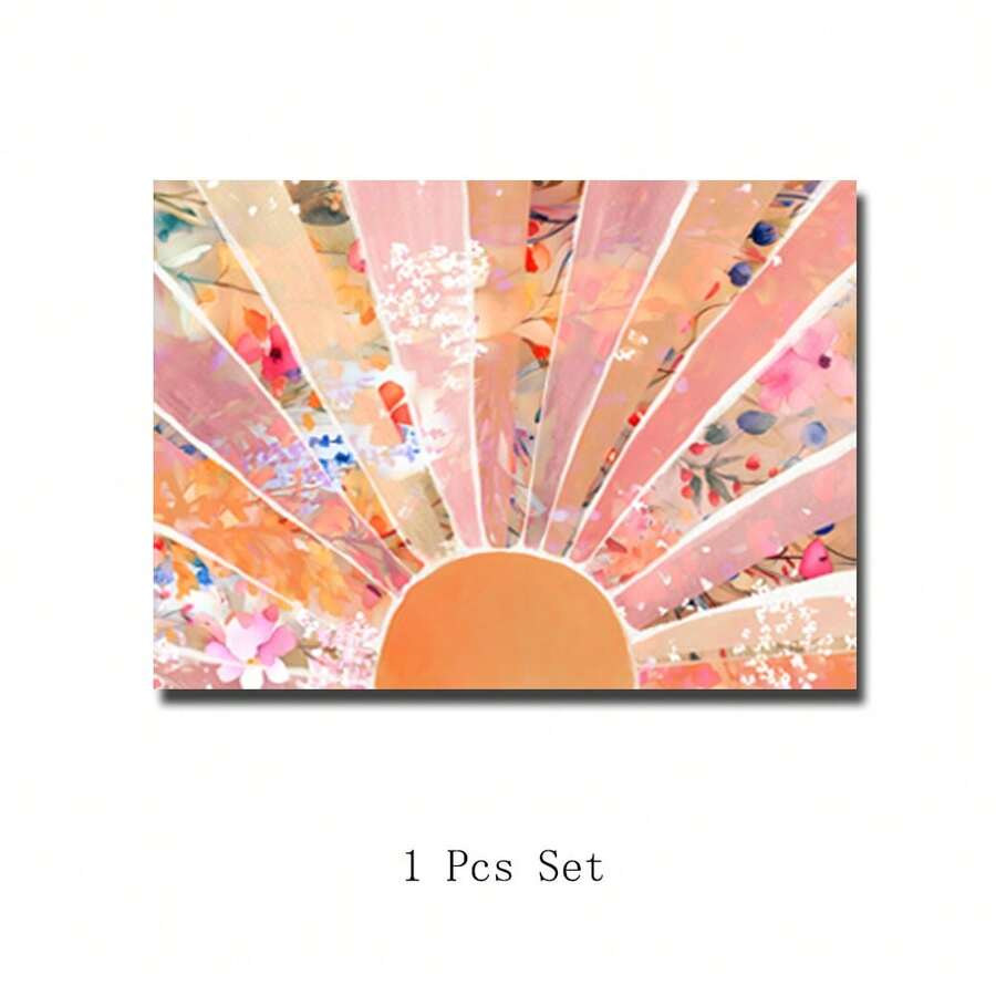 Pastel floral sunrise canvas print in wood frame above rustic console table with baskets and dried grass vase