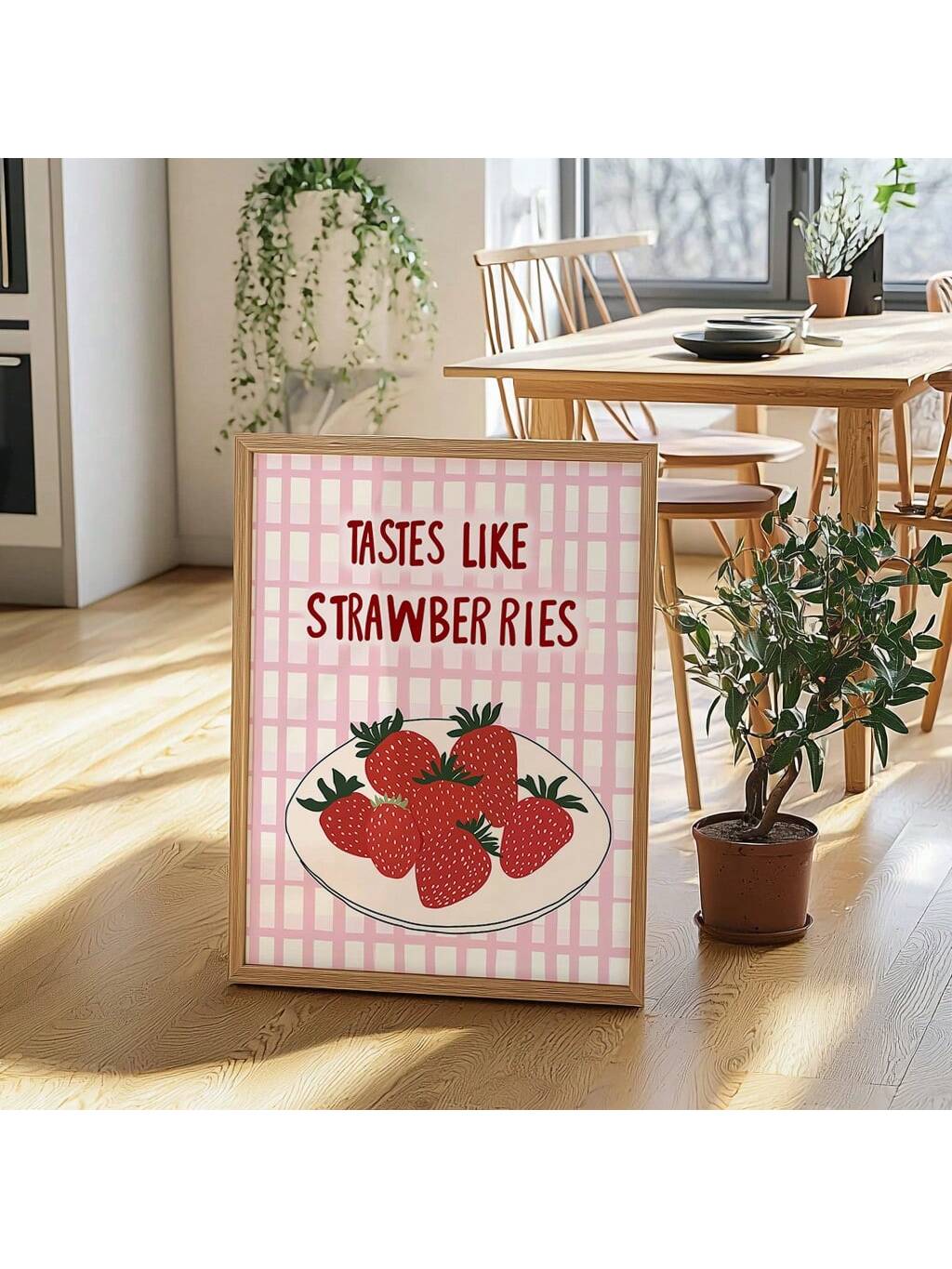 Add a burst of color and charm to your kitchen with this vibrant "Taste Like Strawberries" pink print. Featuring a lively and colorful design, this unframed wall art brings a fresh, fruity vibe to your home décor. Perfect for brightening up any kitchen space, it effortlessly combines playful aesthetics with expert-quality print clarity, making it an ideal choice for those who appreciate both style and substance in their culinary environment.