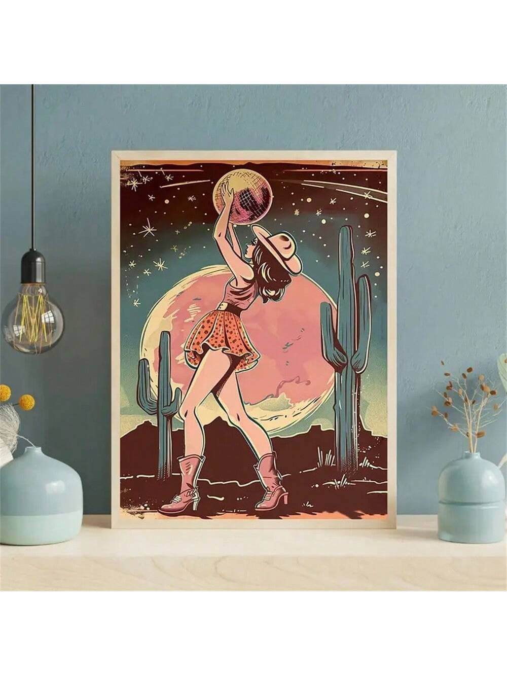 Add a touch of retro charm to your home or office with our Vintage Cowgirl Disco Ball Canvas Art Print. This frameless piece is the perfect wall decor for those who appreciate a unique, vintage aesthetic. Perfect for a café, this print is sure to catch the eye of any passerby.