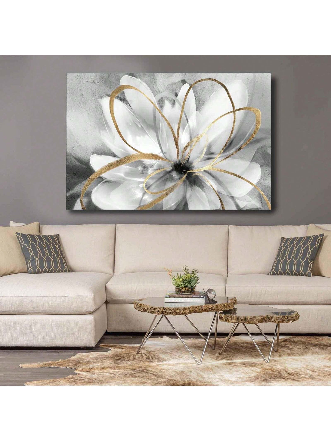 This elegant white floral wall art features a modern canvas painting on a grey background, perfect for adding a touch of sophistication and beauty to any bedroom or kitchen decor. The delicate floral design is sure to elevate the aesthetic of any space.