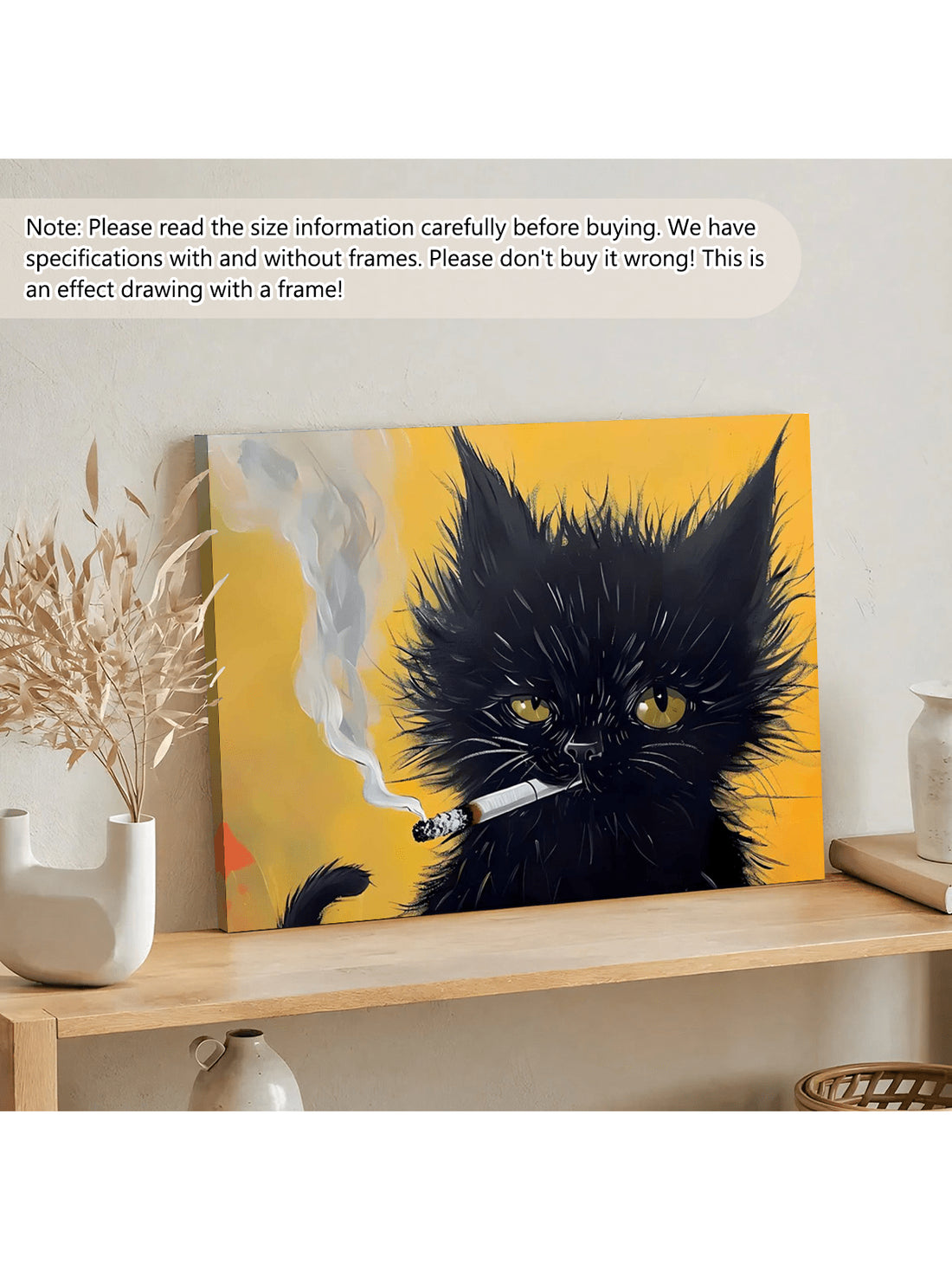 Add a touch of feline sophistication to your space with this distinctive Black Cat Canvas Art. The retro-inspired design features a smoking cat motif that serves as both a conversation starter and artistic focal point. Perfect for contemporary interiors, this canvas art piece complements both home and office environments with its unique blend of quirky charm and vintage aesthetic.