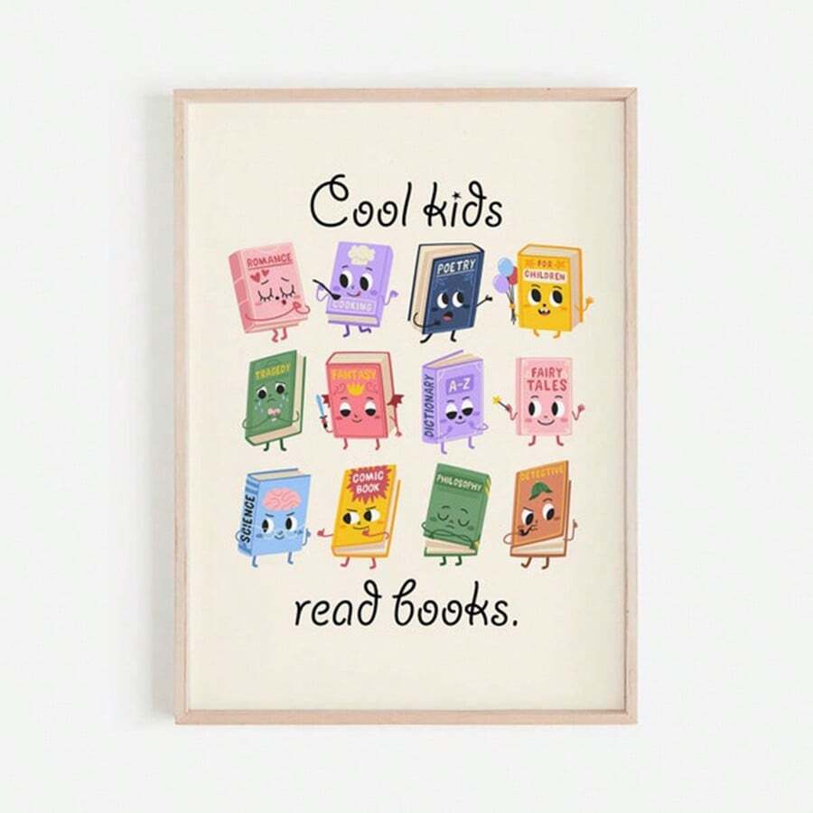 Children’s reading canvas showing playful illustrated books in pastel colors