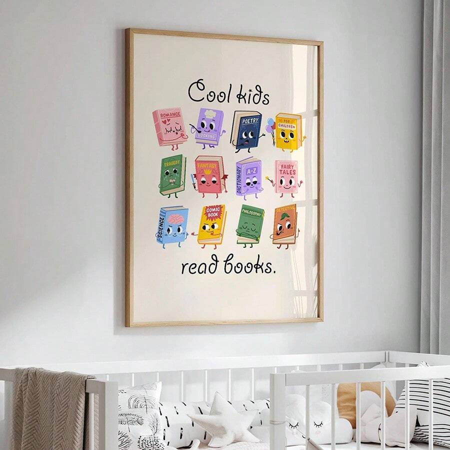 Framed book character poster with colorful cartoon books and Cool kids read books text