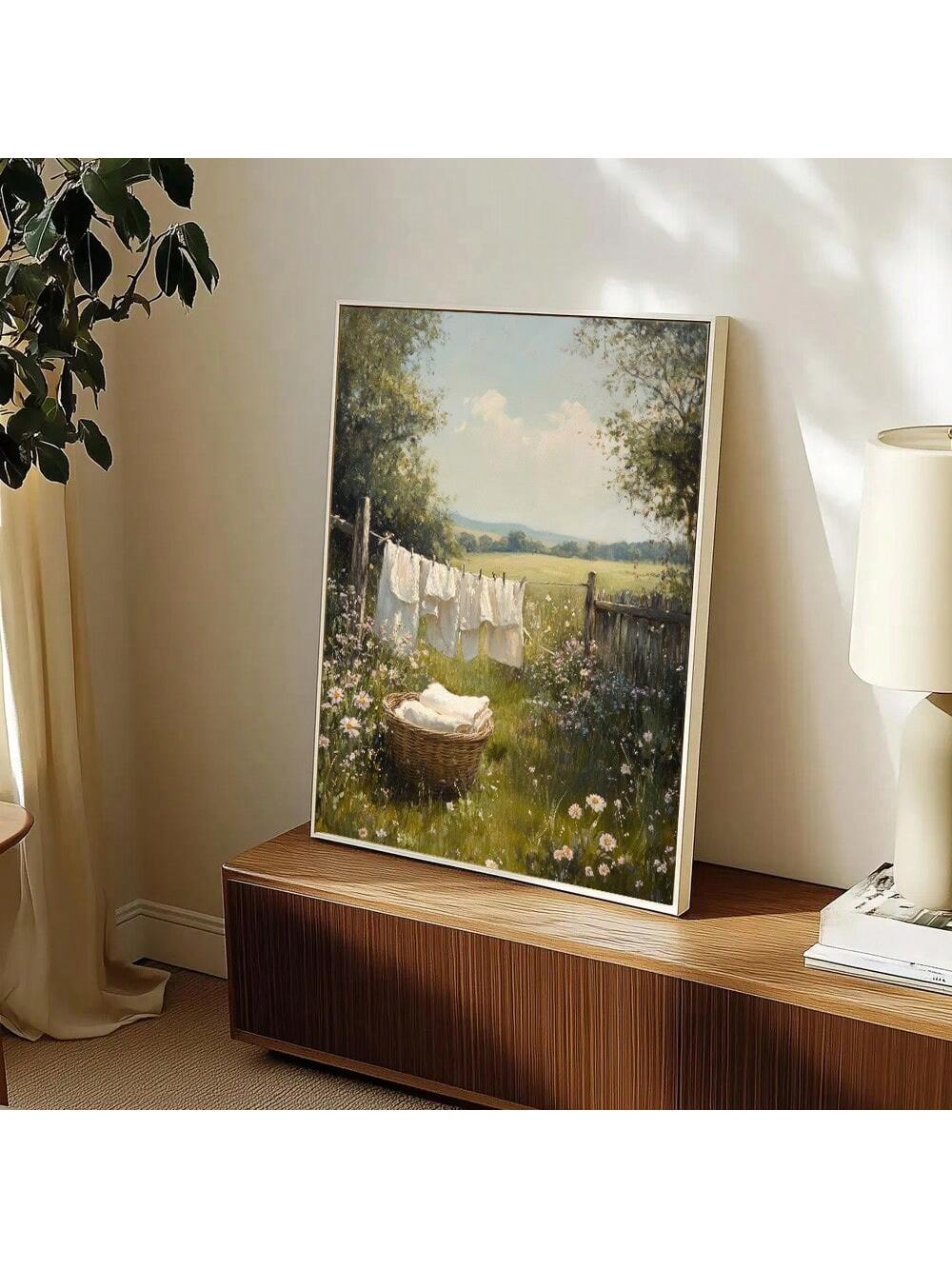 Bring timeless countryside charm into your living space with this evocative canvas art piece. Featuring a nostalgic laundry day scene rendered in warm, earthy tones, this farmhouse-inspired work captures the quiet beauty of rural life.