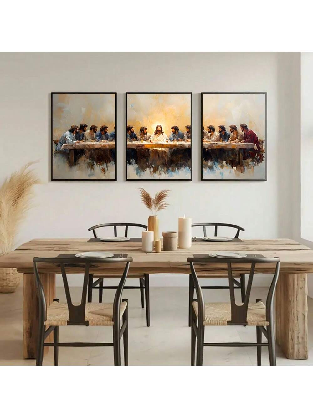 Enhance your space with this elegant set of three unframed Last Supper wall art pieces. Each painting captures the profound moment with refined detail, making it a perfect addition for both home and office environments. Designed to inspire reflection and add a touch of sophistication, these artworks offer timeless religious symbolism without overwhelming your décor. Their unframed format allows for versatile display options, easily integrating into a variety of interior styles.