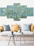 Blue almond blossom wall art room scene with branch pattern and canvas texture