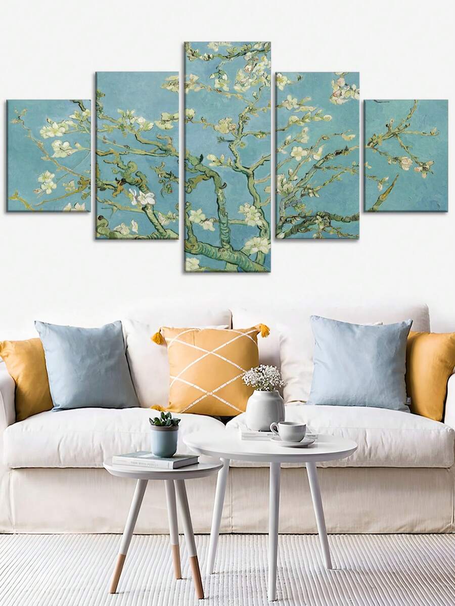 Blue almond blossom wall art room scene with branch pattern and canvas texture