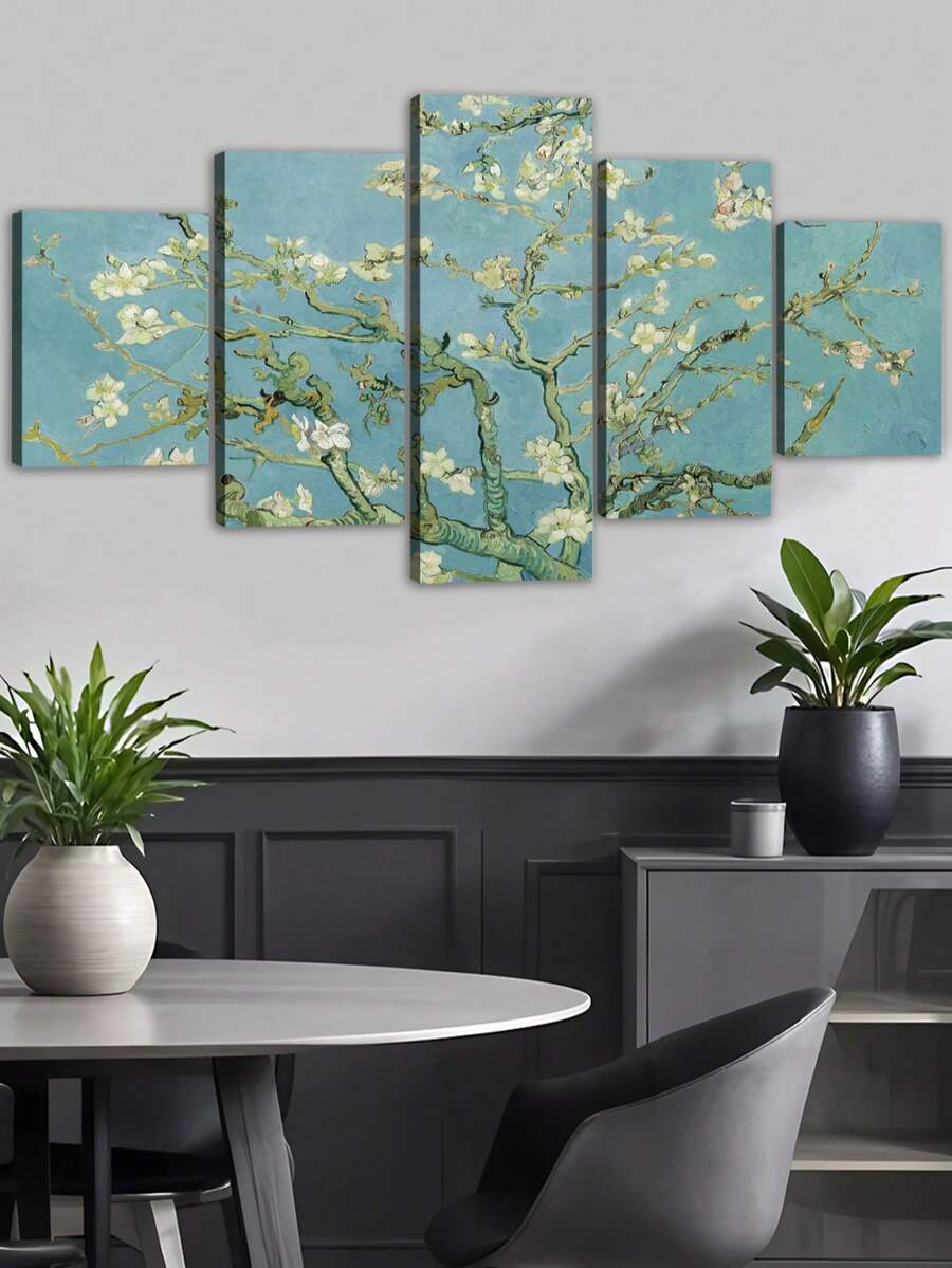 Framed botanical wall art lifestyle image combining soft flower branches and home decor