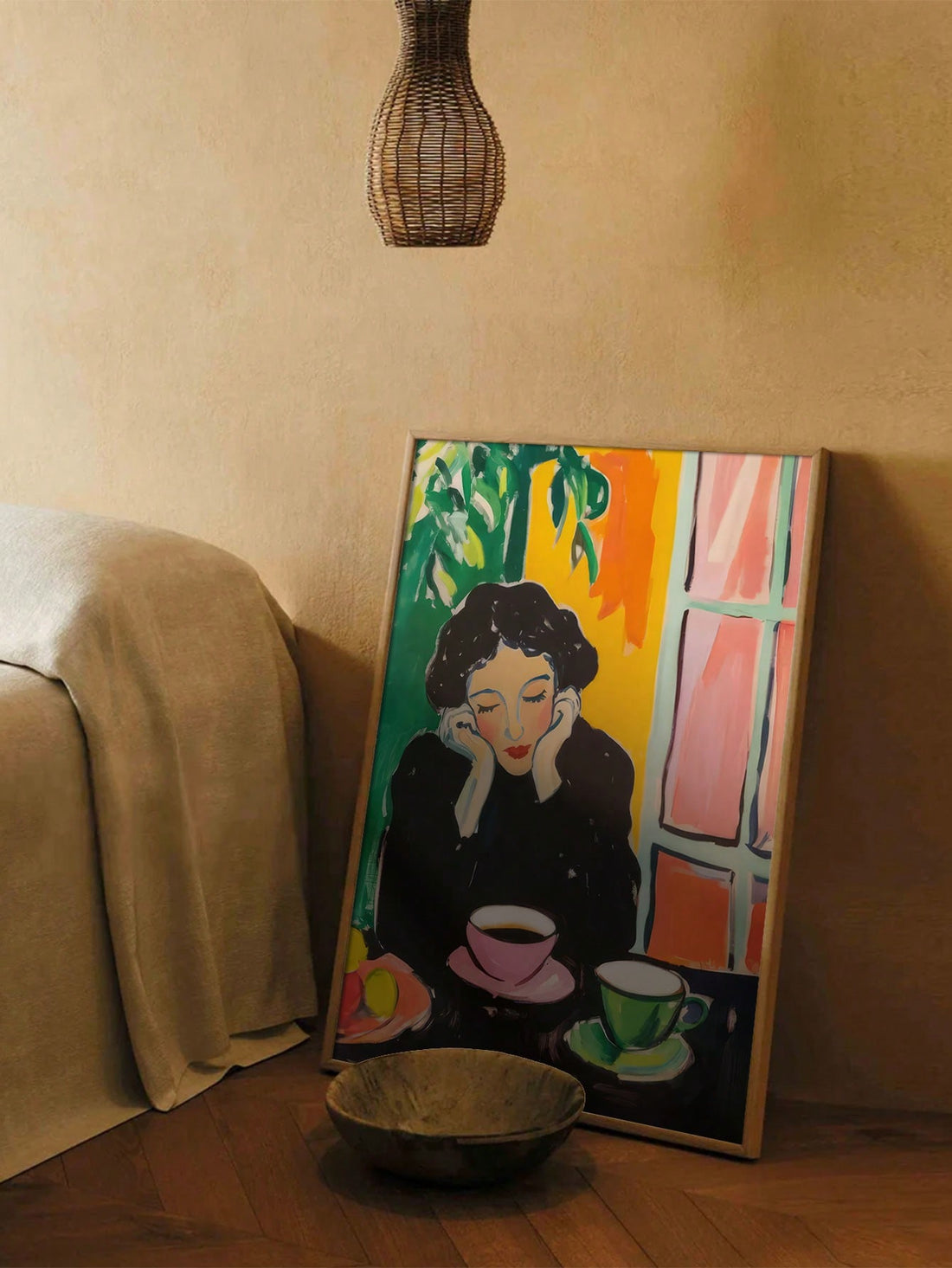 This vintage mid-century art print captures the timeless elegance of a coffee-loving woman, perfect for adding a sophisticated touch to any home or office space. Printed on high-quality canvas without framing, it offers versatile styling options to suit your decor. Its classic design and muted tones evoke a nostalgic ambiance, making it an ideal piece for those who appreciate retro aesthetics and refined wall decor.