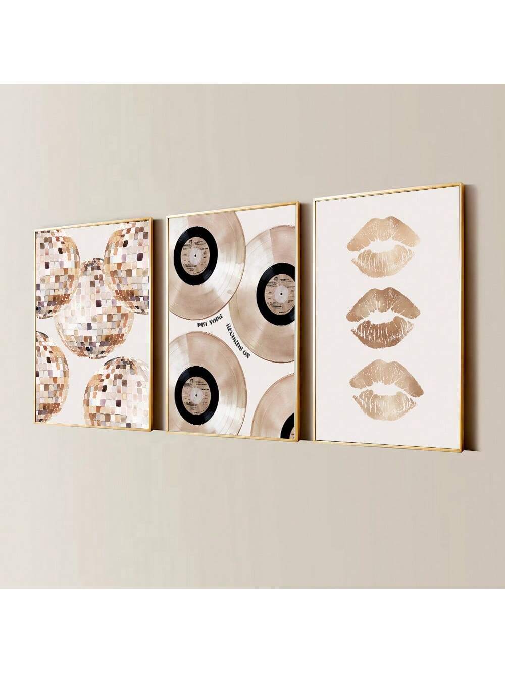 Elevate your living space with this set of three unframed beige vinyl record and lips wall art prints. Featuring a funky 70s minimalist design, these canvas posters bring a retro yet modern vibe to any room. Their neutral tones blend seamlessly with diverse decor styles, making them a versatile choice for contemporary home interiors. Perfect for music lovers and art enthusiasts seeking subtle, stylish accents.
