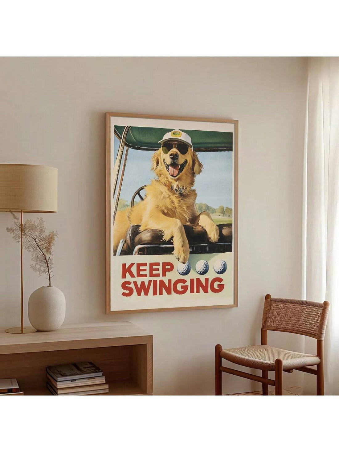 Add a touch of whimsy to your space with this unframed canvas art featuring a playful Golden Retriever enjoying a round of golf. Ideal for modern home decor, this vibrant dog wall poster blends humor with stylish design, making it a perfect conversation starter and a cheerful addition to any room.