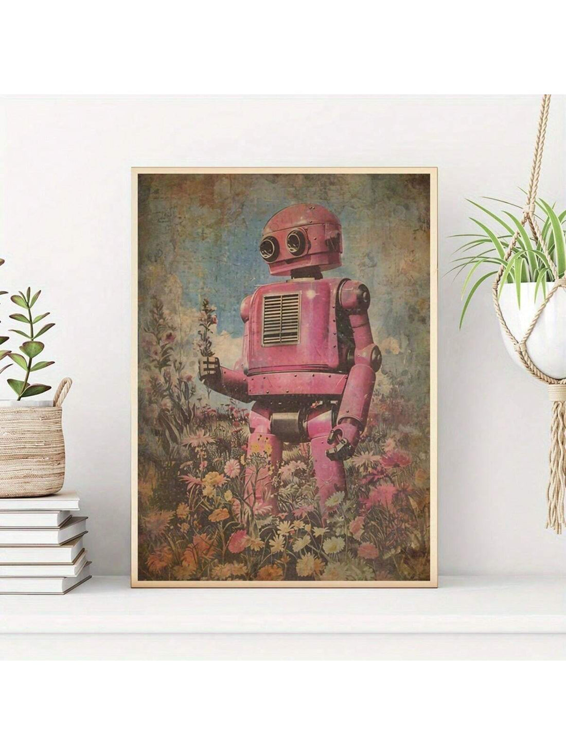 Transform your space with this surrealist canvas art print featuring an abstract pink robot amidst wildflowers. This distinctive piece combines vintage mid-century modern aesthetics with surrealist elements, creating a conversation-starting focal point. The carefully balanced composition offers sophisticated visual interest for both home and office environments, complementing contemporary and retro-inspired interiors alike.