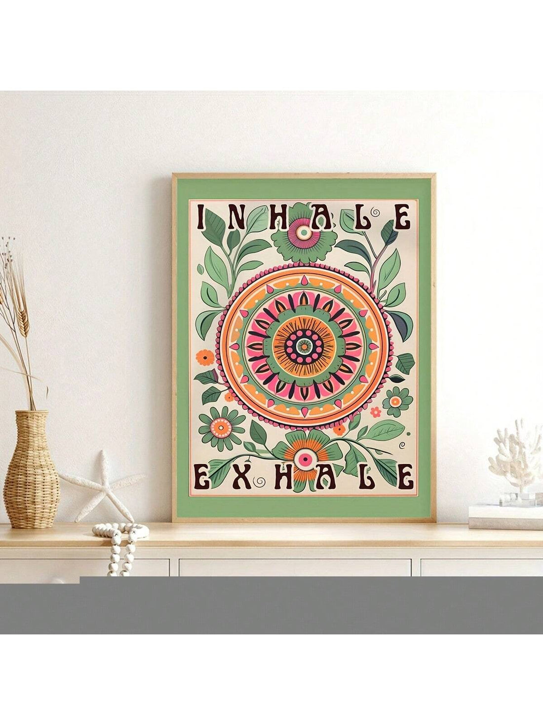 Bring mindful elegance into your space with this boho floral canvas art print. Featuring a serene sage green mandala design paired with "Inhale Exhale" typography, it combines spiritual symbolism with contemporary aesthetics.