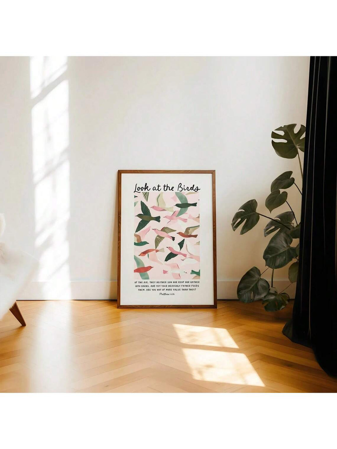 Elevate your living space with this Modern Christian Wall Art featuring Matthew 6's inspiring message, "Look at the Birds." This unframed poster combines contemporary design with timeless faith, serving as a daily reminder to trust in divine provision. Ideal for both home or office, it makes a thoughtful housewarming gift that encourages reflection and peace. Crafted for those who appreciate meaningful decor, this piece seamlessly blends spirituality with modern aesthetics.