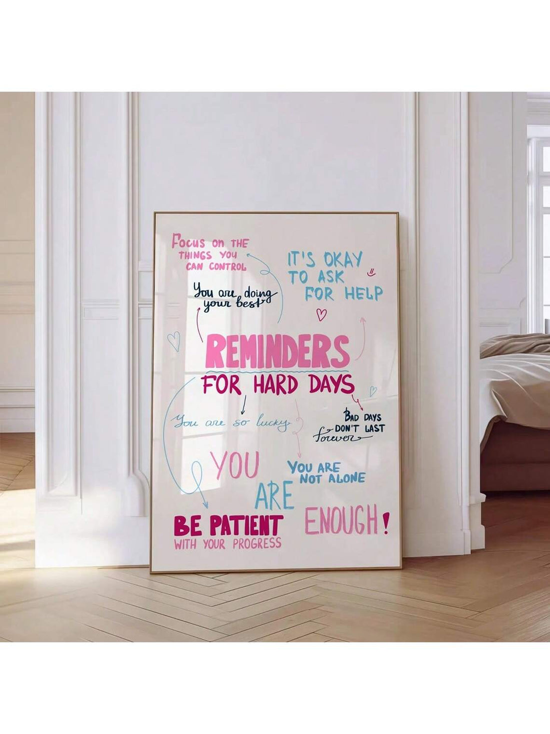 Transform your space with these striking motivational wall art prints featuring aesthetic blue and pink color palettes. Designed specifically for bedrooms and dorm rooms, each piece combines inspiring quotes with modern visual appeal to create an uplifting atmosphere. The carefully curated color scheme complements contemporary decor while the positive messaging serves as daily encouragement. Perfect for students, professionals, or anyone seeking to infuse their personal space with motivation and style. Easy