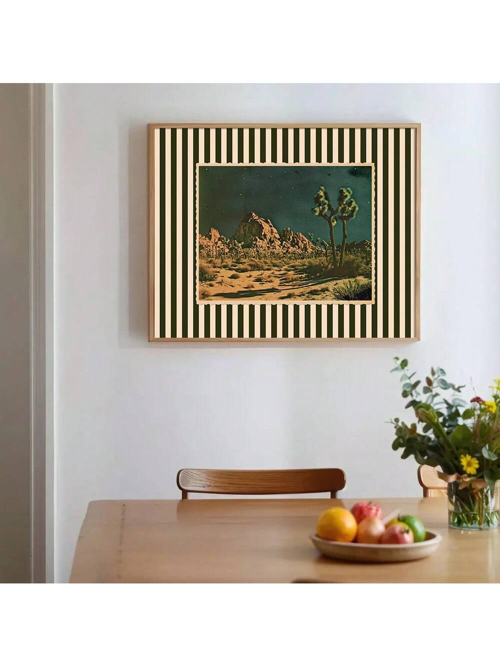 Capture the essence of mid-century modern style with this vintage striped desert landscape poster print. Designed to complement minimalist and retro interiors, this unframed canvas art features clean lines and muted tones that evoke the serene beauty of desert vistas. Ideal for adding a sophisticated, timeless touch to your living space, it offers a subtle yet striking visual statement without overwhelming your décor. Perfect for enthusiasts of classic design and natural landscapes alike.