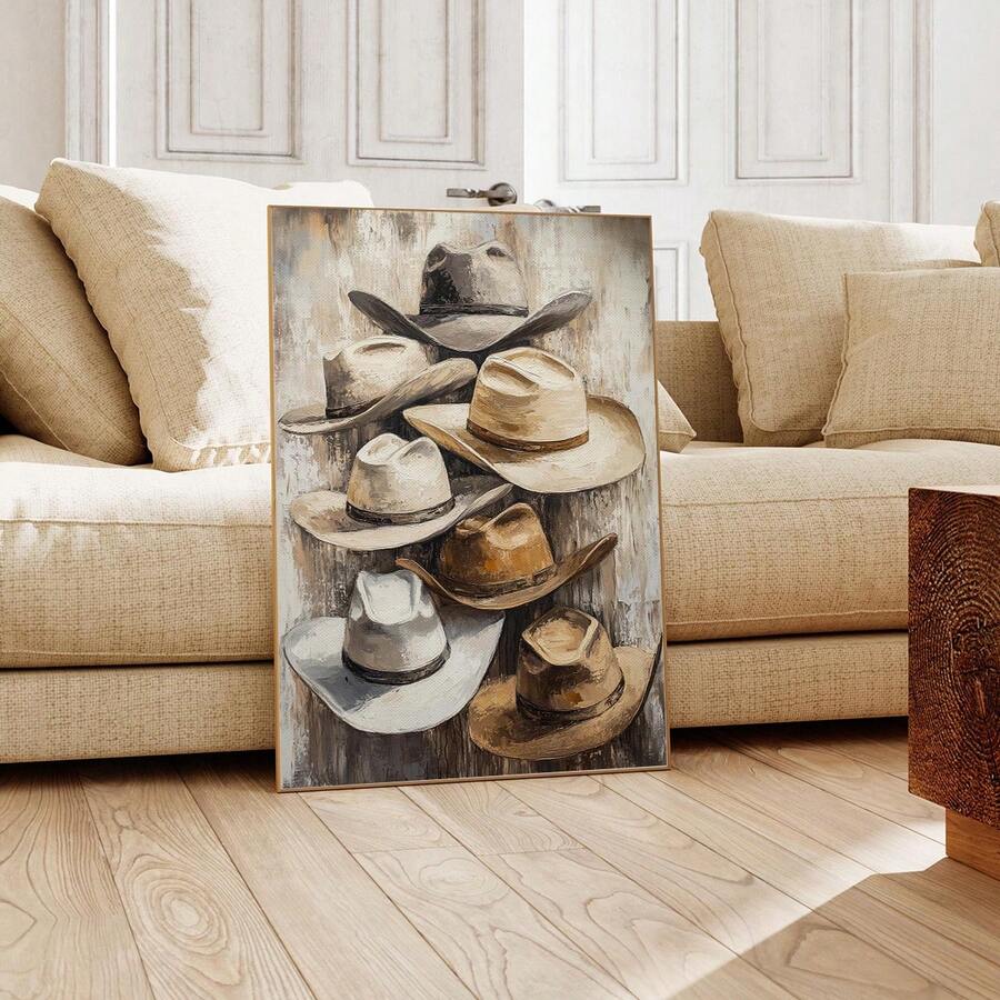 Rustic western wall art showing stacked cowboy hats in beige and brown tones