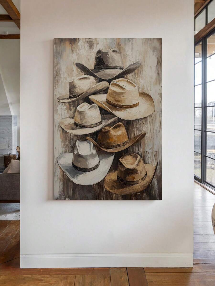 Rustic western wall art showing stacked cowboy hats in beige and brown tones