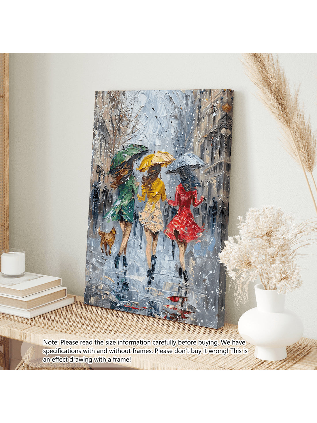 This striking impressionist canvas portrays the joyful abandon of three women dancing in rainfall, rendered in bold, expressive brushstrokes and luminous colors.