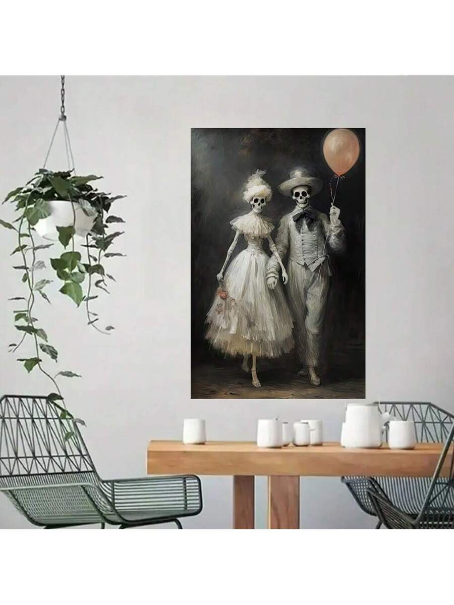 Enhance the ambiance of your home with our Vintage Black and White Skeleton Couple Canvas Wall Art. This unique piece not only adds a touch of romance to your decor, but also makes for the perfect Halloween gift. Elevate your space with this tasteful and versatile wall art.