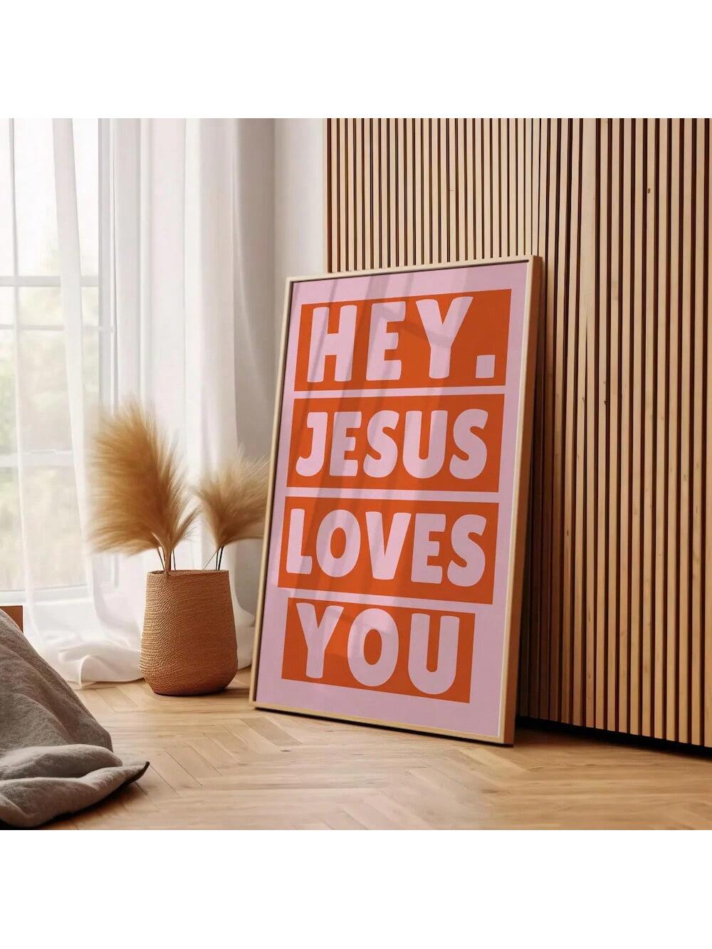 This minimalist canvas poster features a simple yet powerful "Jesus Loves You" typography design, perfect for adding a subtle spiritual touch to modern home decor. Unframed for versatile display options, it complements various interior styles while conveying a meaningful message. Ideal for those seeking contemporary Christian art that inspires and uplifts.