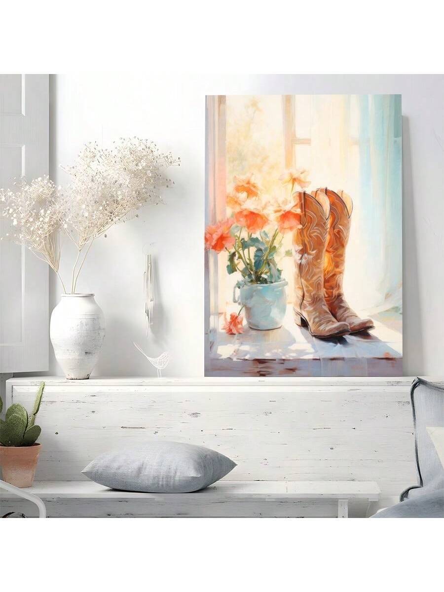 Add a touch of rustic charm to your home with our Framed Canvas Wall Art featuring a beautiful still life impressionist design of cowboy boots and floral accents. This high-quality art piece is the perfect addition to any bedroom, living room, or hallway. Elevate your decor with this unique and captivating artwork.