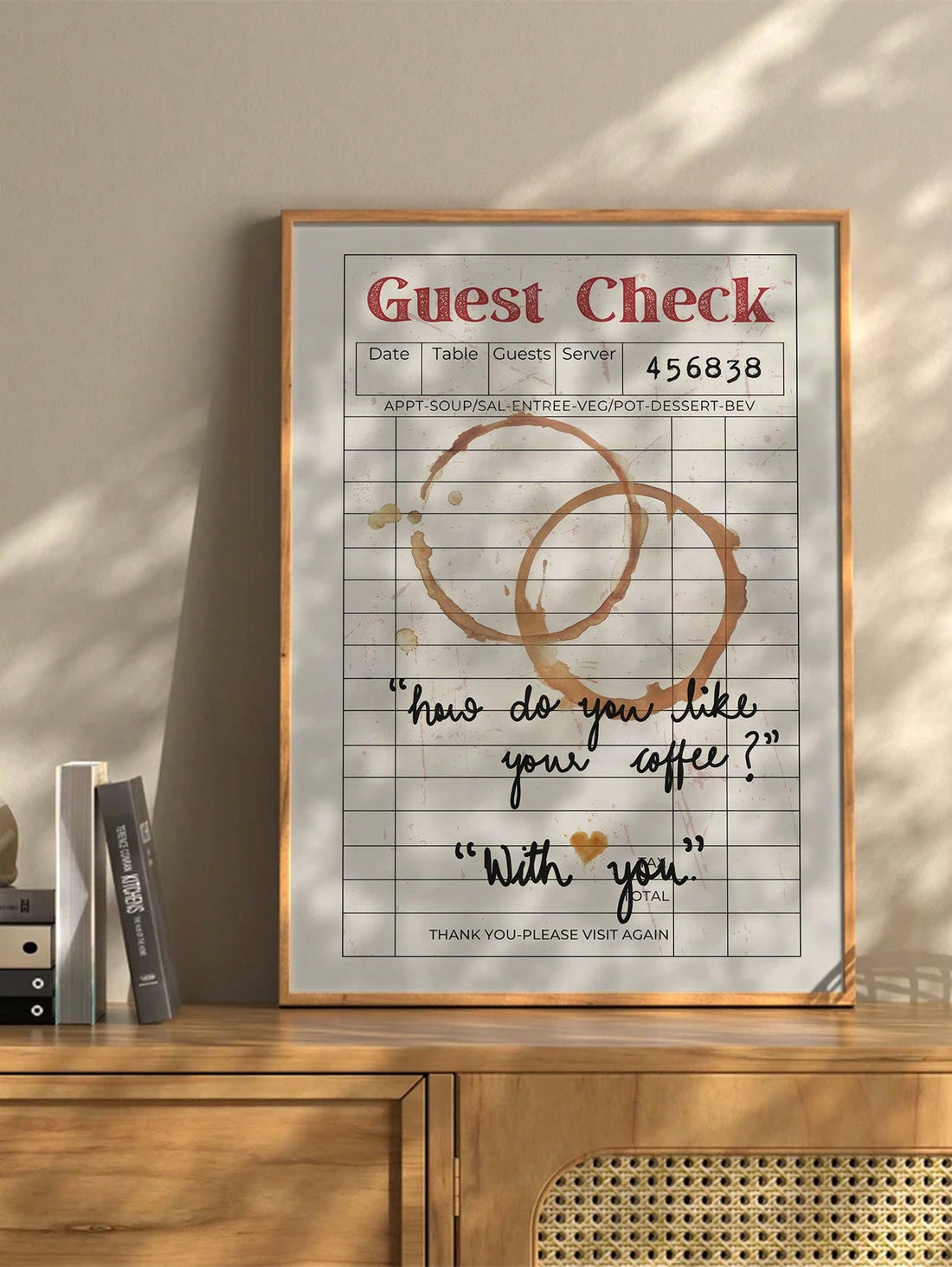 Transform your kitchen into a cozy café with our Chic Coffee Guest Check Wall Art. This retro-inspired piece features authentic guest check designs, perfect for coffee enthusiasts seeking vintage aesthetic appeal. The carefully curated artwork adds character to any kitchen space while celebrating coffee culture. Professionally printed on quality material for longevity and visual impact, it serves as both a conversation starter and stylish decor element.